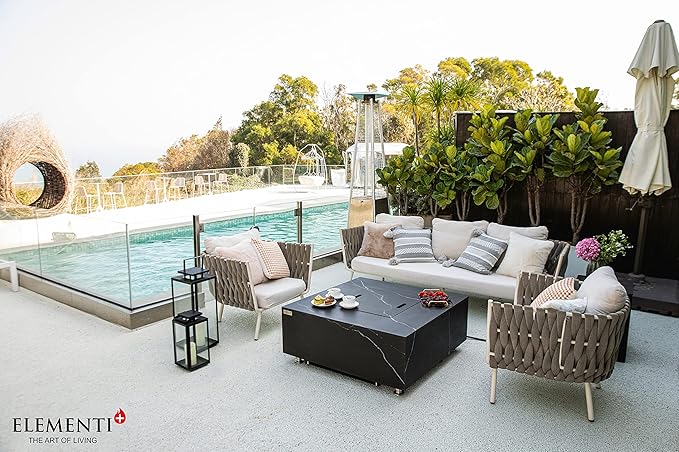 Elementi+ | Bianco Gas Fire Pit | Marble Porcelain & Metal Frame | 40" Square Fire Table | Electronic Ignition | Canvas Cover, Fire Glass & Burner Lid Included | White | Propane Gas