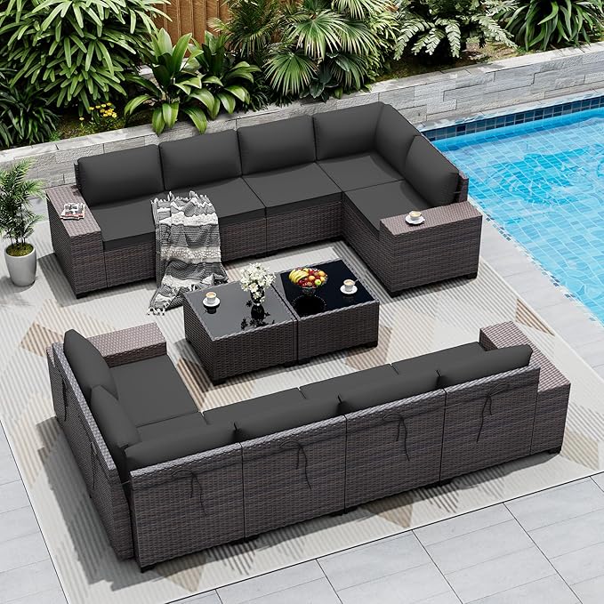 Outdoor Patio Furniture Set, 12 Pieces Outdoor Sectional Furniture High Backrest Patio Sofa, All-Weather PE Rattan Patio Conversation Set with Coffee Table & Cushions