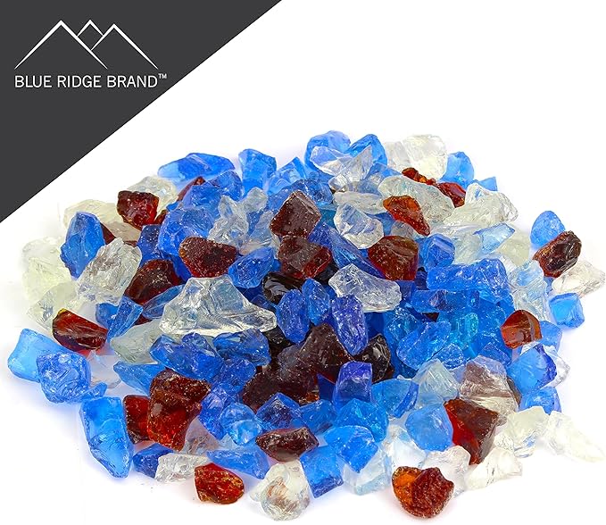 Sky Blue, Clear, Amber Fire Pit Glass - Fire Glass for Fire Pit - Firepit Glass Rock - Glass Stones - Fire Pit Glass Rocks - Gas & Propane Fire Pit & Fireplace Glass (50 Pound, Serenity)
