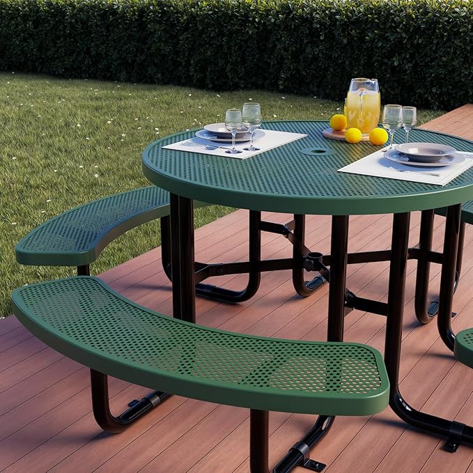 Metal Picnic Tables for Outdoors with Umbrella Hole - Coated Steel Heavy Duty Commercial Grade Furniture Set with Adjustable Seats (Green, 46 in, Round, Punched Steel)