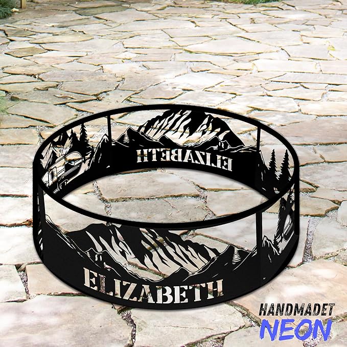 Personalized Fire Pit Ring Mountain Camper Weather Proof Custom Name 360 Degree Campfire Ring Stove Outdoor BBQs Backyard Camping Garden Decor Gifts Father Hiker Nature Lover