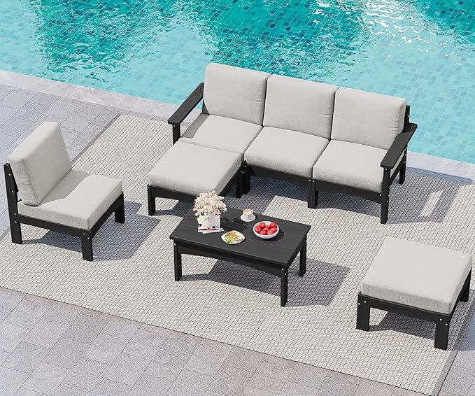 SERWALL HDPE Patio Furniture Set,7 Pieces Patio Conversation Set, All-Weather Modular Patio Sofa Set with Removable Cushions and Coffee Table for Deck, Garden, Porch, Black Frame with Khaki Cushion