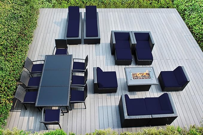 20 Piece Outdoor Patio Furniture Black Wicker Conversation Set with Fully Assembled Sectional and 42-inch Propane Gas Fire Table