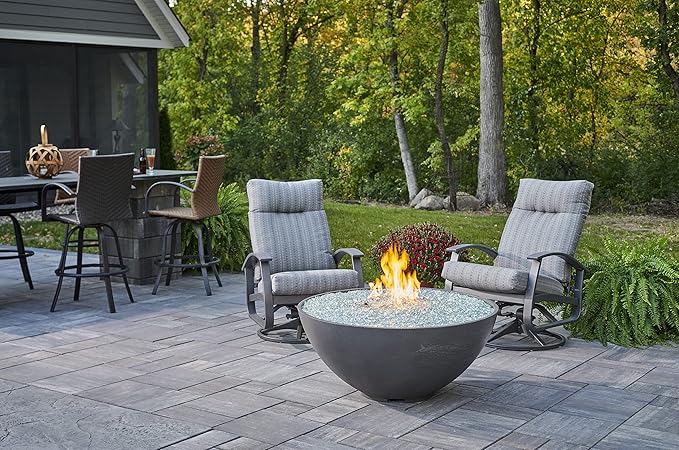 Outdoor GreatRoom Co Propane Fire Pit Table - Cove Gas Fire Pits for Outside Patio - 42 Inch Round Edge Bowl Concrete Firepit Fire Table, Glass Tabletop Cover, Clear Glass Gems, 105,000 BTU - Mist