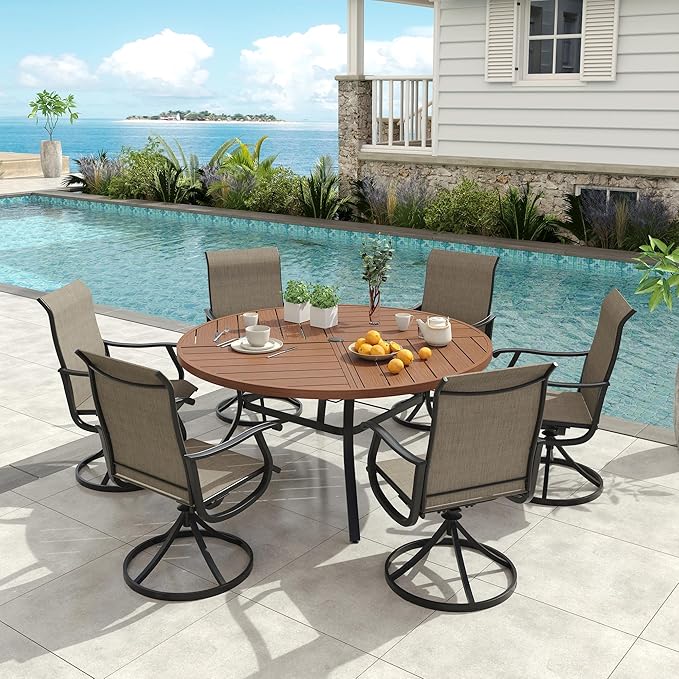 VICLLAX Round Patio Dining Table, 6 Person Metal Outdoor Dining Table with Umbrella Hole and Storage Shelf for Garden Lawn Deck, 50" Walnut
