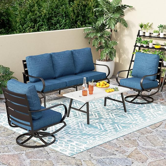 PHI VILLA 4 PCS Patio Furniture Sets for 5 Person with 1 x 3-Seat Deep Seating Bench, 2 x Cushioned Swivel Sofa Chairs & 1 x Coffee Table, Outdoor Metal Conversation Set for Lawn Garden, Peacock Blue