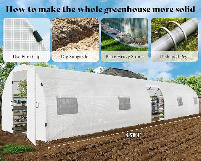 AMERLIFE 44x10x7.5 FT Tunnel Greenhouse for Outdoors, Large Walk-in Greenhouse kit with Durable Steel Frame, Swing Door & Premium PE Cover, White