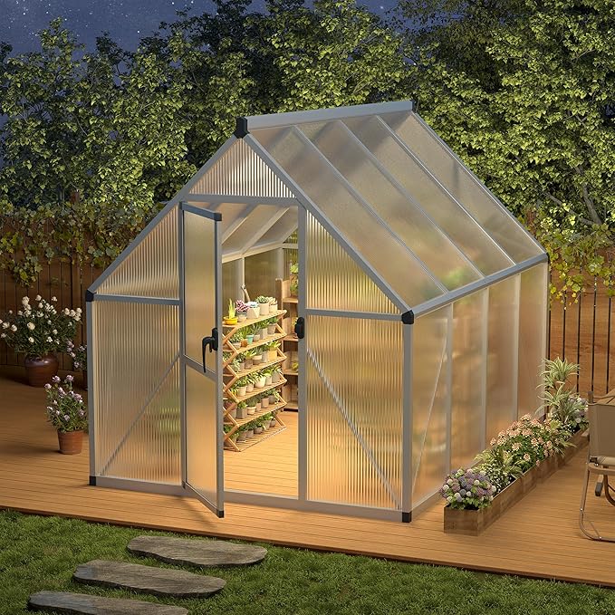 IDEALHOUSE 6x7 FT Greenhouse for Outdoors, Lockable Door and Ajustable Roof Vent, Polycarbonate Greenhouse with Windproof Aluminum Frame, Aluminum Walk-in Greenhouses, for Backyard, Lawn