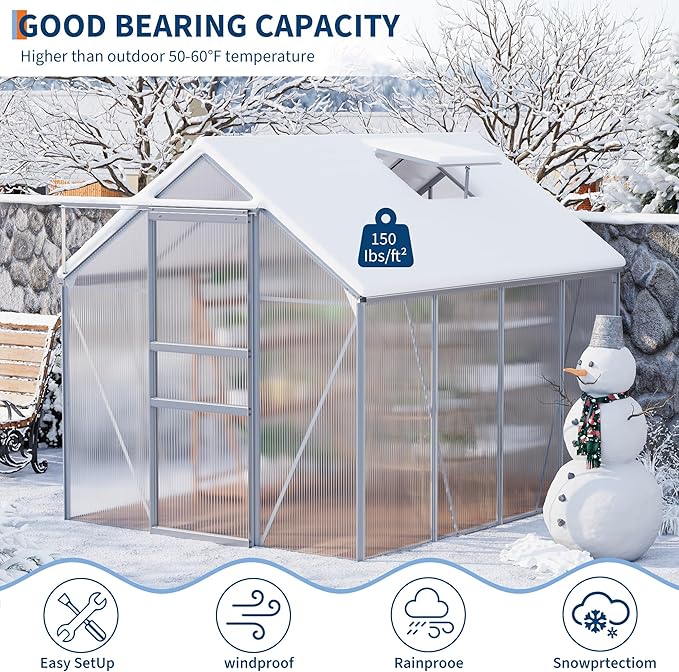 Garvee 6 x 8 FT Outdoor Greenhouse, Polycarbonate Greenhouses with Aluminum Frame, Sliding Door, Adjustable Roof Vent for Backyard, Green Houses for Outside Garden Backyard, Patio, Silver