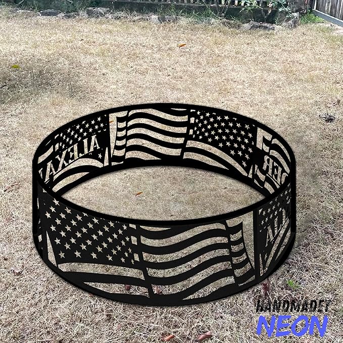 Personalized Fire Pit Ring American Flags US USA Flag Metal Custom Name 360 Degree Campfire Ring Stove Outdoor BBQs Backyard Camping Garden Decor Gifts Father's Day Camper Veteran