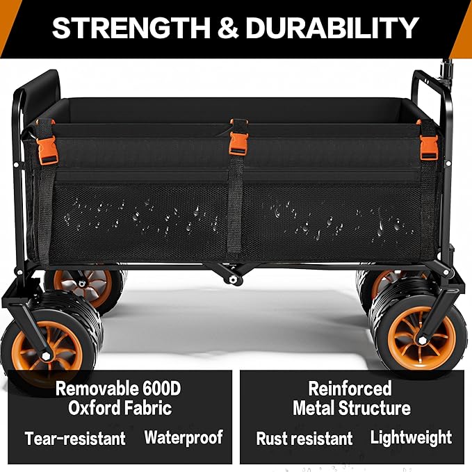 Highpro Heavy-Duty Folding Beach Cart with Extra Large 150L Capacity, 360° Locking Brakes, Waterproof Fabric, and 6 Storage Pockets – Holds Up to 320 lbs for Camping, Beach, and Outdoor Use