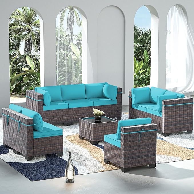 Outdoor Patio Furniture Set, 9 Pieces Outdoor Sectional Furniture Patio Sofa, All-Weather PE Rattan Patio Conversation Set with Tempered Glass Top Table & Cushions(Teal).