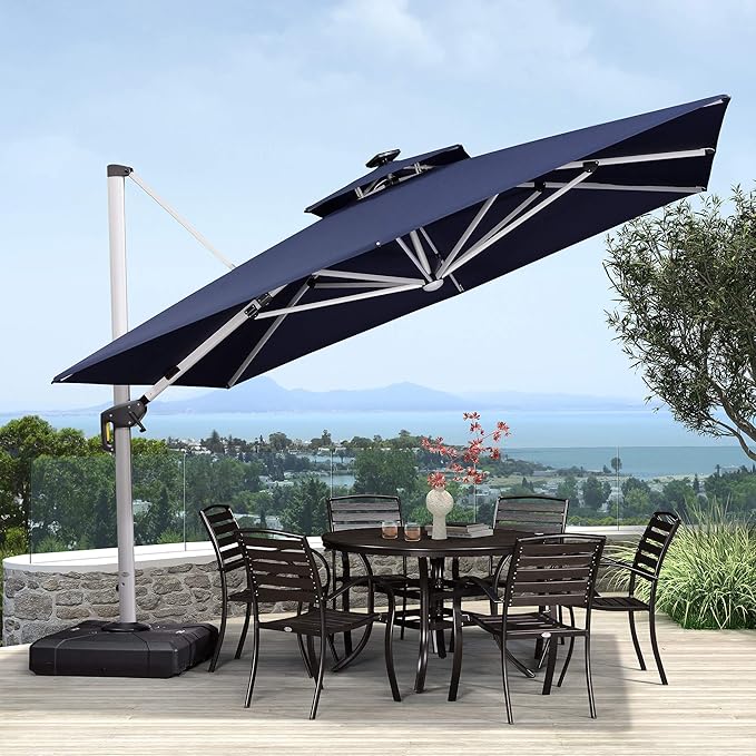 PURPLE LEAF 11 Feet Double Top Deluxe Solar Powered LED Square Patio Umbrella Offset Hanging Umbrella Outdoor Market Umbrella Garden Umbrella, Navy Blue
