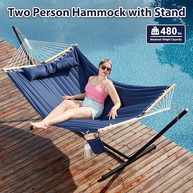 Homgava Two Person Hammock with Stand for Outside Heavy Duty, Outdoor Patio Hammock with Portable Steel Stand, Large Double Hammocks,480lbs Capacity.(Dark Blue)