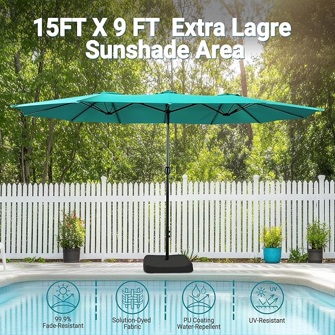 Bigroof 15ft x 9ft Patio Double-Sided Umbrella with Base & Crank, Extra Large Rectangular Outdoor Umbrella for Patio, Lawn & Garden, Beige