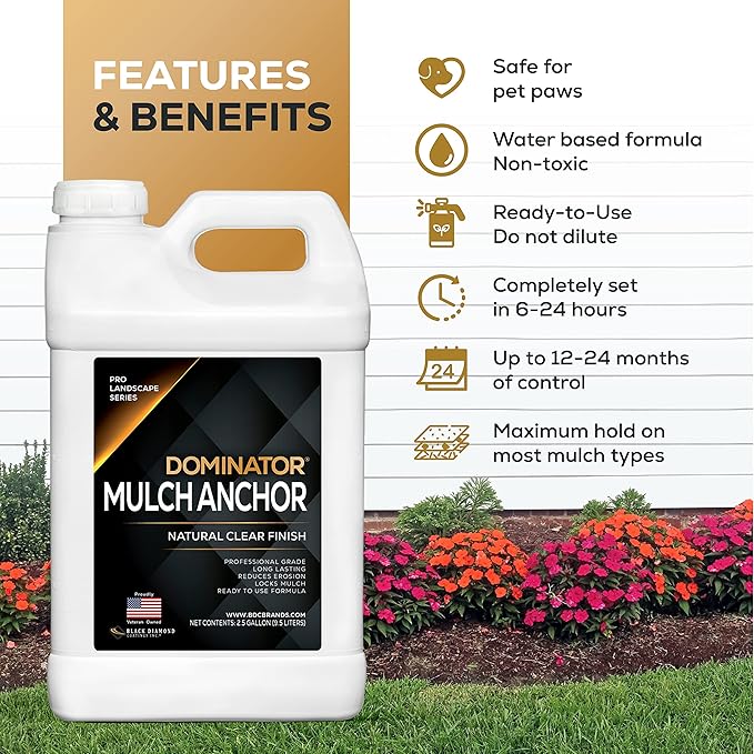 DOMINATOR Mulch Anchor 2.5 Gallons - Mulch Glue and Pea Gravel Stabilizer, Ready to Use Spray, Lasts up to 2 Years, Fast-Dry, Non-Toxic, Strong Mulch Glue for Landscapes