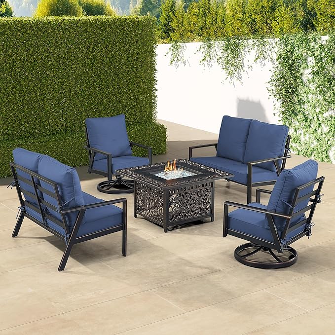 Oakland Living Black Aluminum Patio Fire Table Set with Two Deep Seating Loveseat with Cushions and Two Club Chairs with Blue Cushions