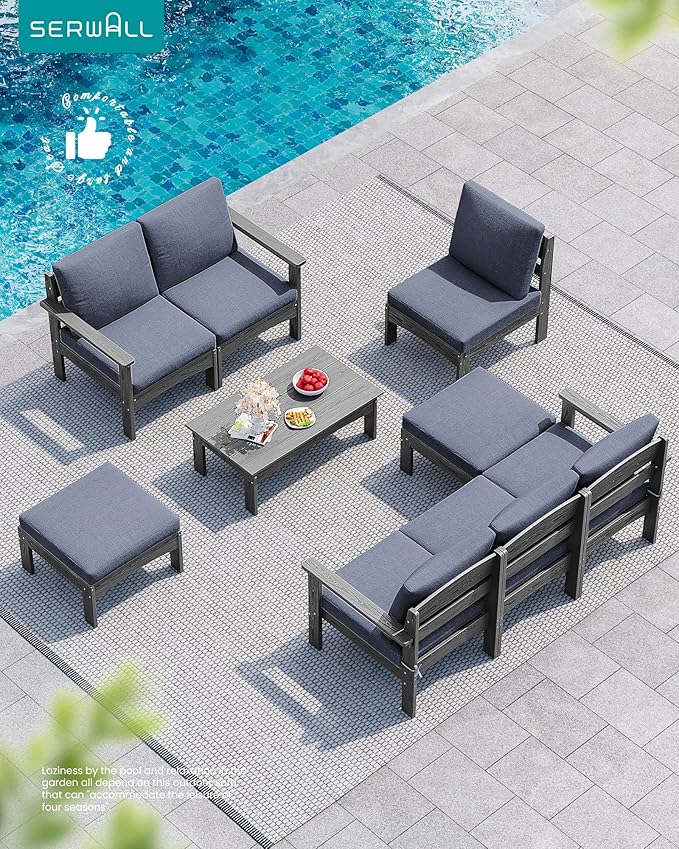 SERWALL 9 Pieces Patio Sofas, All-Weather HDPE Outdoor Sectional Sofa with Cushions and Coffee Table, Extra-Large Modular Conversation Set for Patio, Garden, Deck, Grey Frame with Grey Cushion