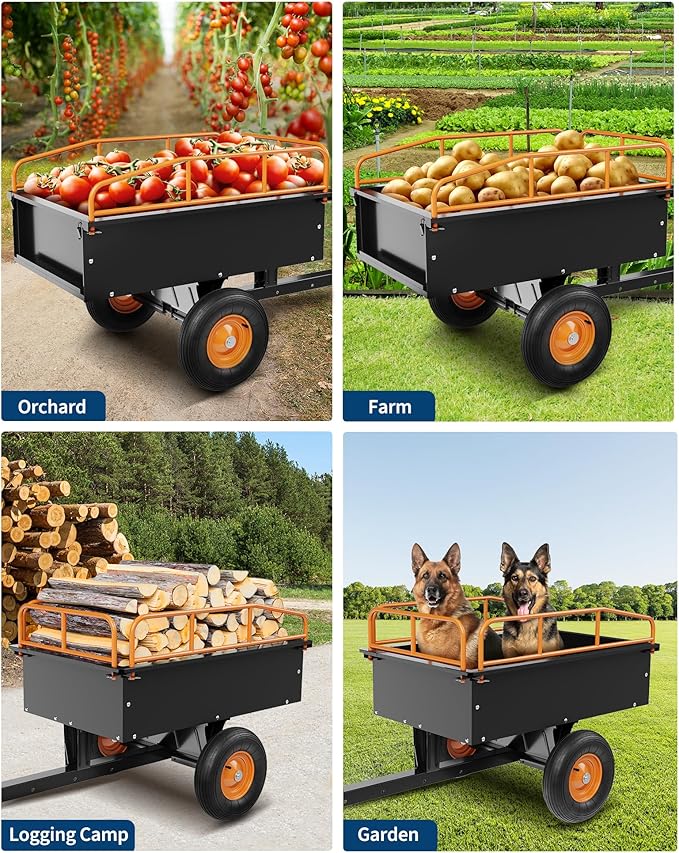 GarveeLife Heavy Duty ATV Trailer Steel Dump Cart, 750 LBS 15 Cubic Feet, Garden Utility with Removable Sides for Riding Lawn Mower Tractor