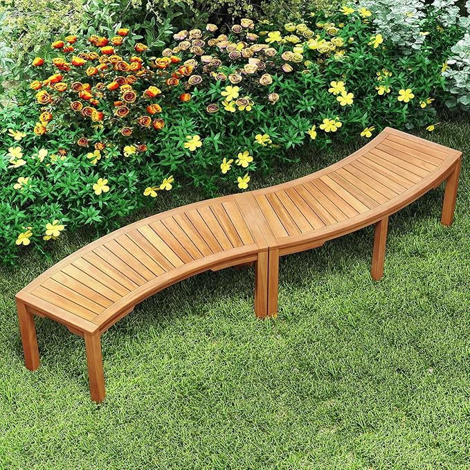RELAX4LIFE Wooden Outdoor Curved Bench - Acacia Wood Garden Bench w/Slatted Seat, 2-Person Outside Backless Seating for Porch Backyard Deck Park, 800 LBS Load Capacity, Patio Fire Pit Bench (2, 45'')