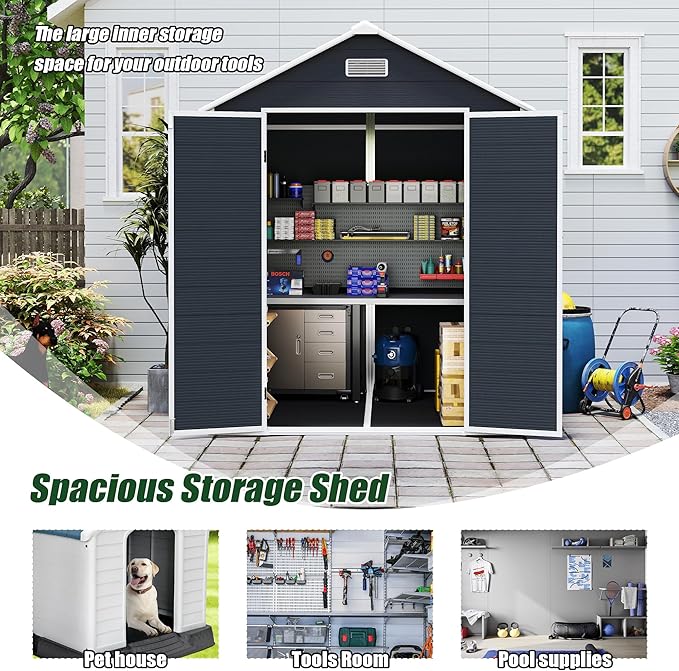 Outdoor Storage Shed 5.5FTx5.5FT, Resin Shed with Floor & Window, Lockable Door, Vents, Outside Sheds & Garden Shed for Patio Furniture, Gardening Tools, Pool Equipment (Dark Gray, 5.5 * 5.5ft)