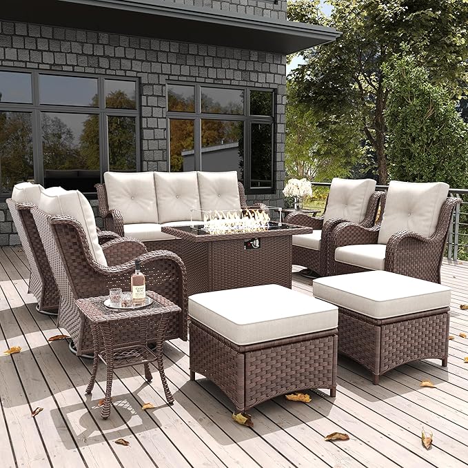 LayinSun 10 Pieces Outdoor Patio Furniture Set with Fire Pit Table, Rattan Wicker Sectional Swivel Rocker Chairs Sets with Ottomans, Swivel Glider Chairs and Coffee Table