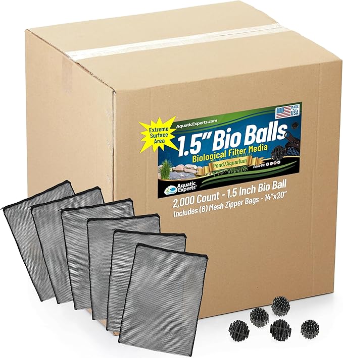 Aquatic Experts Bio Balls Filter Media Bulk, 1.5 Inch Large Bio Balls for Pond & Aquarium Filters, Pond Filter Media for Outdoor Ponds, (2000 Count with 6 Mesh Bags, 1.5 Inch)