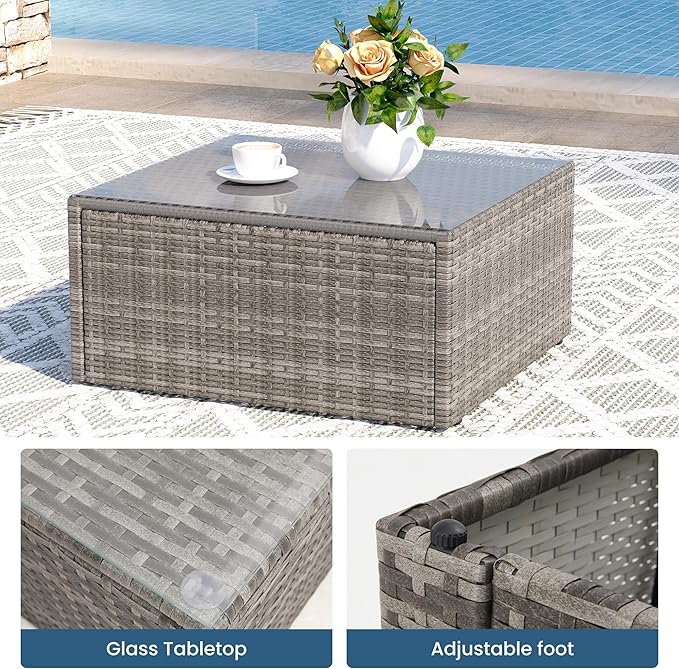Green4ever 8 Pieces Outdoor Patio Furniture Set with 43" Fire Pit Table, Wicker Outdoor Patio Sectional Sofas Coffee Table, All-Weather Patio Conversation Set with Cushions for Garden Backyard, Beige