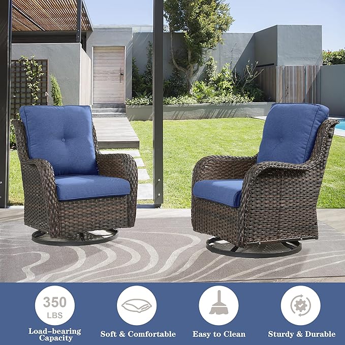 Belord Outdoor Furniture Sectional Sofa L Shaped Couch - Patio Wicker Set with 2 Swivel Glider Chairs, 5 Piece Rattan Patio Conversation Sets with Blue Cushion for Deck Backyard Sunroom