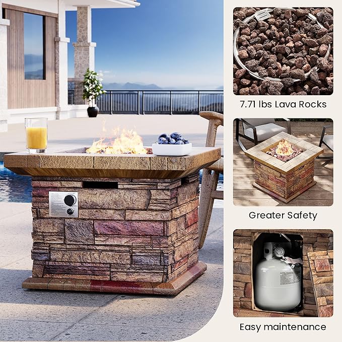 32" Outdoor Propane Fire Pit, Square Stonecrest Gas Firepit for Outside Patio, Concrete Propane Fire Table 50,000 BTU Gas Fire Pits with Waterproof Cover, Red Fire Glass