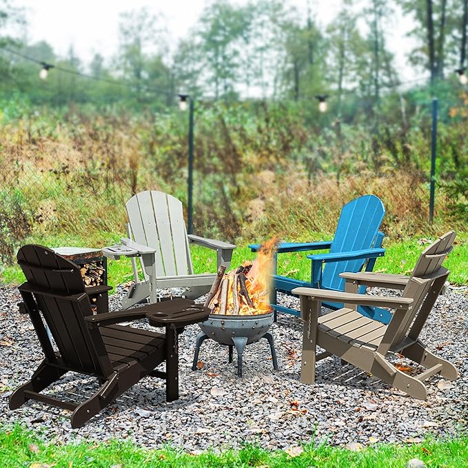 Adirondack Chair Set of 2, HDPE Folding Adirondack Chair with Multifunctional Cup Holder, Weather Resistant Fire Pit Chair for porches, patios, patios, poolsides, Decks.