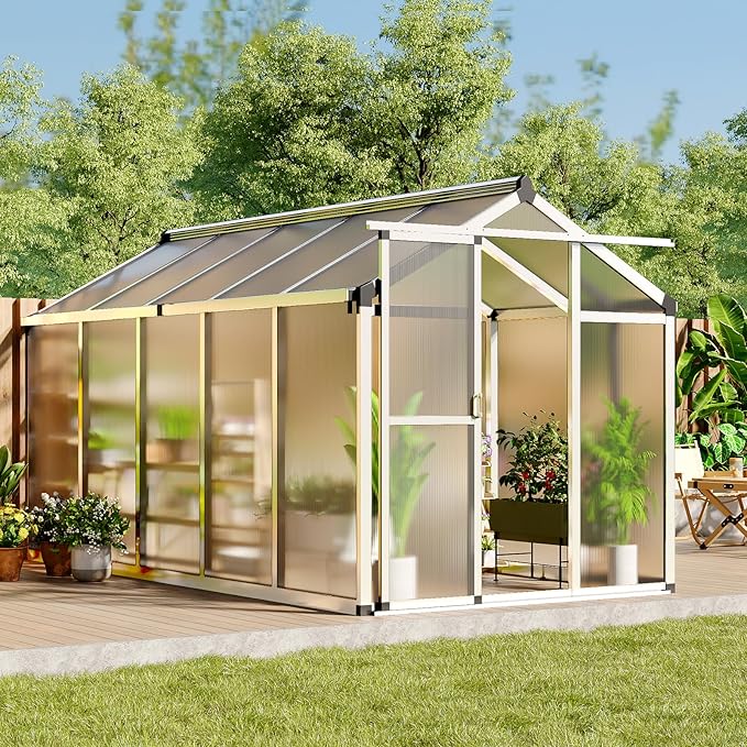 6 X 10 Greenhouse, Greenhouses for Outside, Polycarbonate Greenhouse with Aluminum Frame, Lockable Door and Ajustable Roof Vent for Backyard, Green Houses for Outside Garden Backyard, Patio