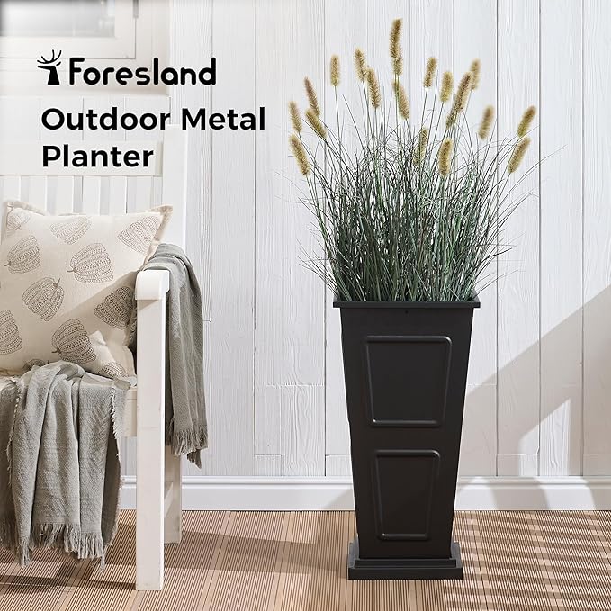23" Tall Metallic Planter for Outdoor Plants Set of 2, Tapered Steel Flower Pot with Removable Middle Partition Drainage Holes, Large Metal Planters for Front Porch, Garden, Patio, Balcony, Black