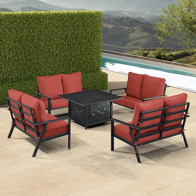 Oakland Living Black Aluminum Patio Fire Table Set with Four Deep Seating Loveseats with Cushions with Red Cushions