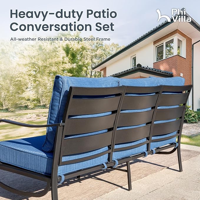 PHI VILLA Patio Furniture with 1 x 45 Metal FirePit Table, 1 x 3-Seat Wide Deep Seating Bench, 2 x Swivel Sofa Chairs & 2 Ottomans, 5.75" Thick Cushioned Outdoor Conversation Set for 5, Peacock Blue