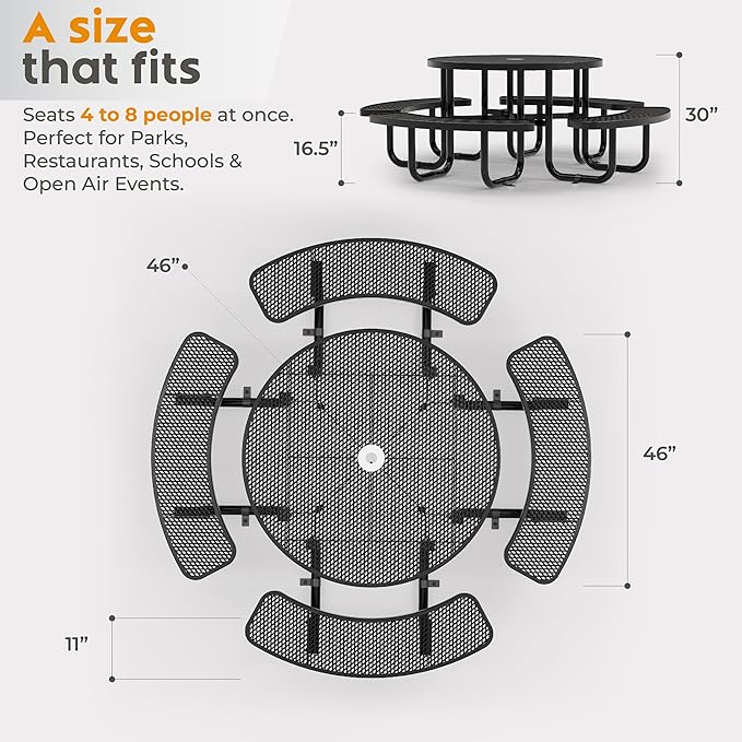 Metal Picnic Tables for Outdoors with Umbrella Hole - Coated Steel Heavy Duty Commercial Grade Furniture Set with Adjustable Seats (Black, 46 in, Round, Expanded Steel)