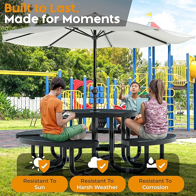 OUTTANS Round Metal Picnic Tables for Kids for Outdoors with Umbrella Hole, Adjustable Seats for School, Park, Playground (Black, 38 in, Kids, Expanded Steel)