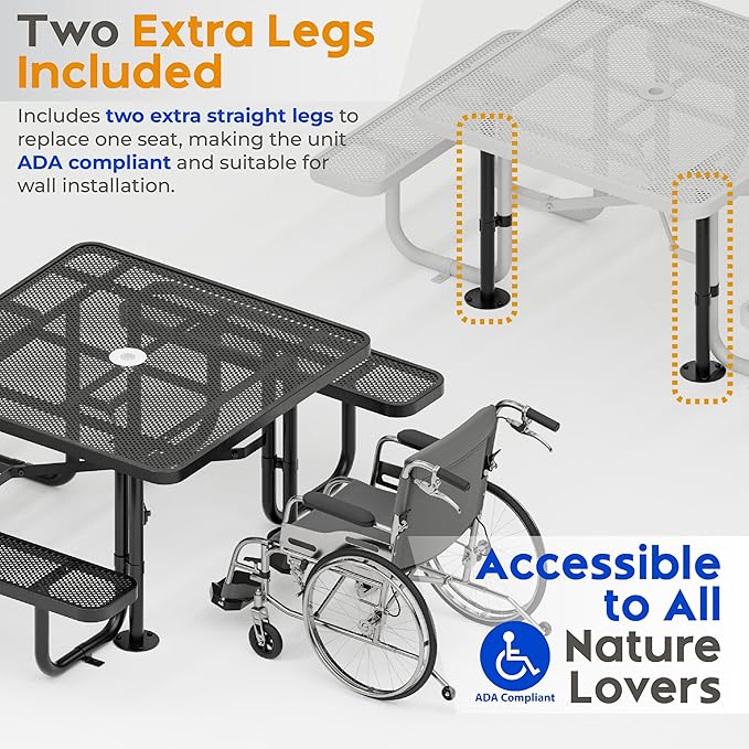 Metal Picnic Tables for Outdoors with Umbrella Hole - Coated Steel Heavy Duty Commercial Grade Furniture with Adjustable Seats (Black, 46 in, Square, Punched Steel)