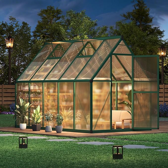 6 x 9 ft Greenhouse, Polycarbonate Walk-in Greenhouse with Aluminum Frame, Adjustable Roof Vent and Lockable Door, Easy Assembly, Green Houses for Outside, Garden, Backyard and Patio