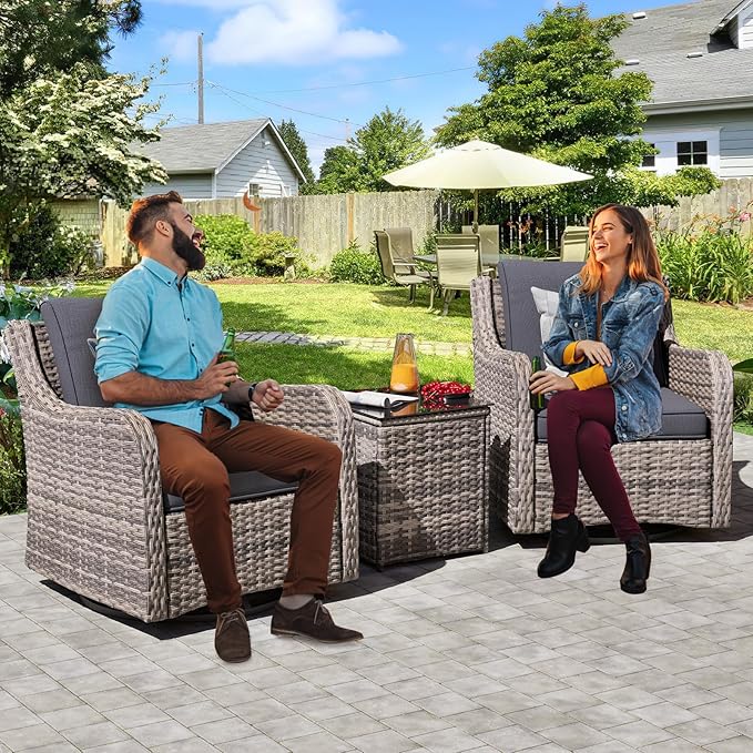 MEISSALIVVE 3 Pieces Patio Furniture Set, Outdoor Swivel Rocker with Washable Cushions & Tempered Glass Tabletop, Outdoor Rattan Conversation Set for Lawn Backyard Porch (Grey)