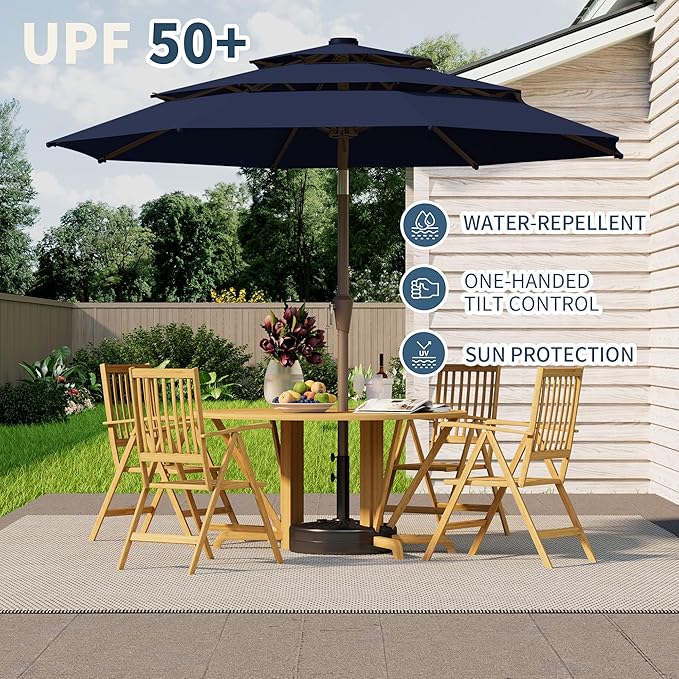 9FT 3 Tiers Patio Umbrella With Auto Tilt And Crank, Outdoor Table Market Umbrella with 8 Sturdy Ribs for Garden, Lawn, Deck, Backyard and Pool