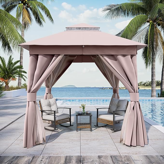 LAUSAINT HOME Outdoor Patio Gazebo 8'x8' with Expansion Bolts, Heavy Duty Party Tent & Shelter with Double Roofs, Mosquito Nettings and Privacy Screens for Backyard (Khaki)