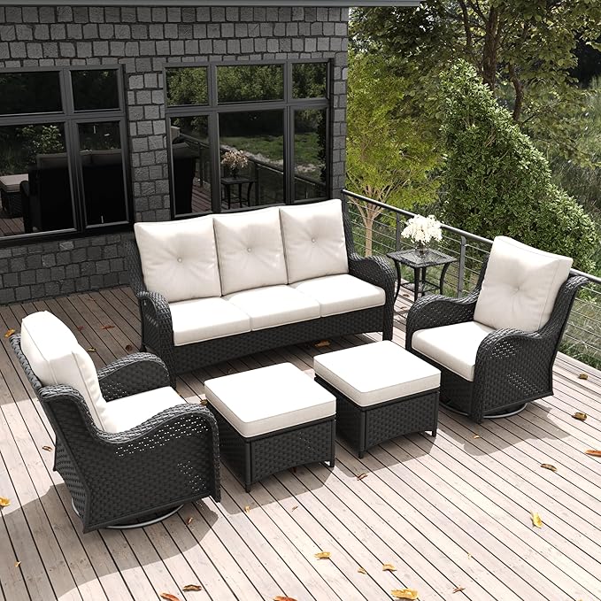 LayinSun 6 Pieces Outdoor Patio Furniture Set, Rattan Wicker Sectional Swivel Rocker Chairs Sets with Ottomans, Swivel Glider Chairs, and Coffee Table