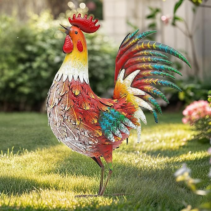 Ultym 21in Metal Rooster Yard Decor, Outdoor Garden Statues, Metal Chicken Sculpture for Backyard Garden Patio Kitchen Décor