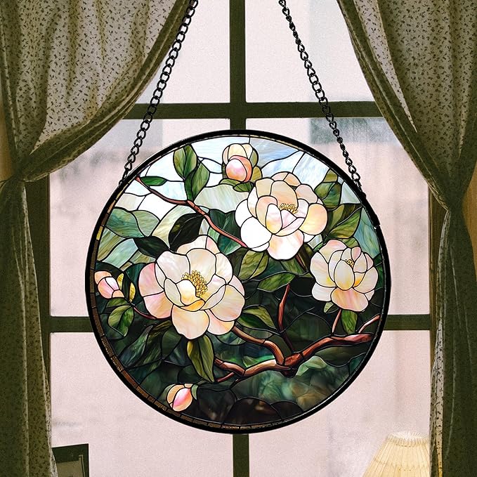 AMDERVEN Stained Glass Suncatcher, Light Pink Flowers Green Leaf Sun Catcher Plant Stain Glass Window Hanging Decoration Mother's Day Birthday Gifts for Women Men Mom Nana 7.8 in