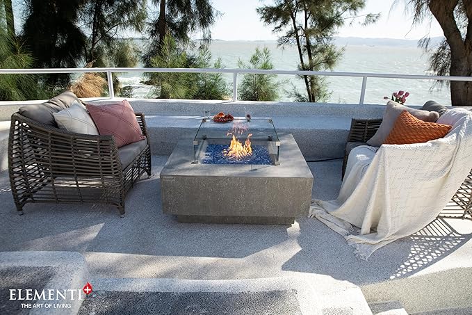 Elementi+ | Bundle Victoria Gas Fire Pit Cast Concrete 40" Square Fire Table, Outdoor Fire Pit Electronic Ignition | Canvas Cover, Fire Glass and Burner Lid Included | Light Gray | Propane Gas