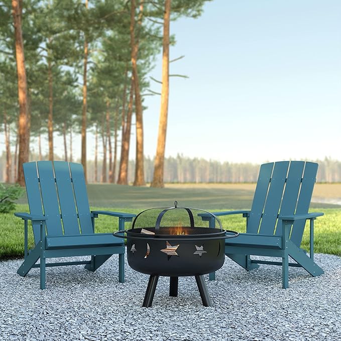 EMMA + OLIVER Campfire Set - Two Sea Foam Poly Resin Adirondack Chairs - 29" Star and Moon Fire Pit with Mesh Cover - Weather Resistant - Wood Burning Fire Pit