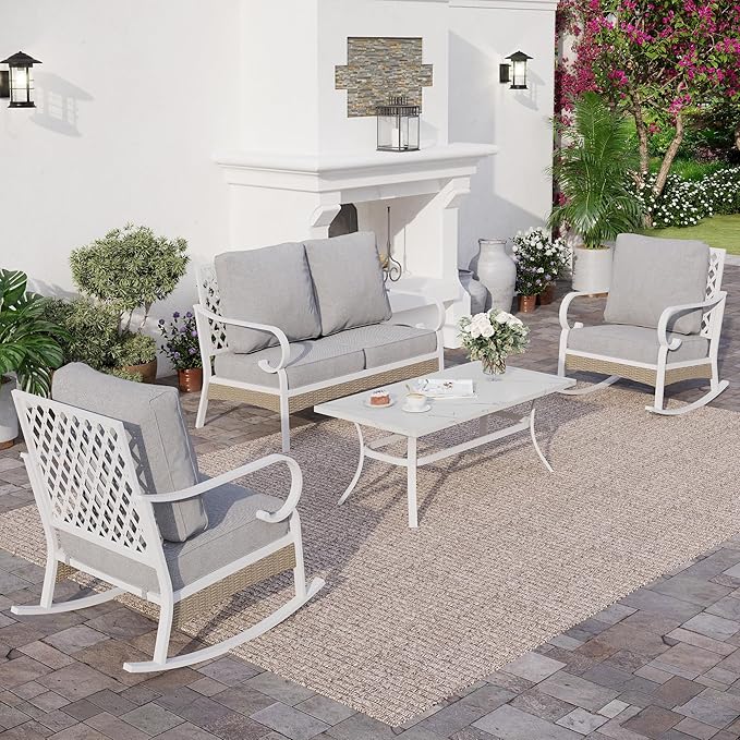 SUNSHINE VALLEY 4 Piece Metal Outdoor Patio Furniture Set, Patio Conversation Sets 1 2-Seater Sofa, 2 Single Sofa with 5.75" Extra Thick Cushion and Coffee Table, White Frame Backyard Furniture, Gray