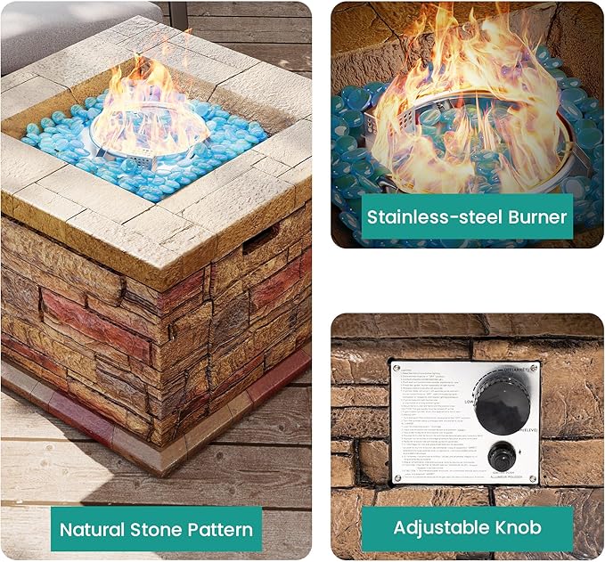 32" Outdoor Propane Fire Pit, Square Stonecrest Gas Firepit for Outside Patio, Concrete Propane Fire Table 50,000 BTU Gas Fire Pits with Lava Rocks, CSA Certified, Blue Fire Glass