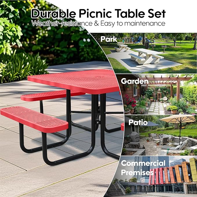 46Inch Square Picnic Table for 8 Person, Outdoor Heavy Duty Sturdy Picnic Tables with 4 Benches & Umbrella Hole, Commercial Metal Patio Picnic Table for Garden, BBQ, Coffee Store, Party, Porch (Red)